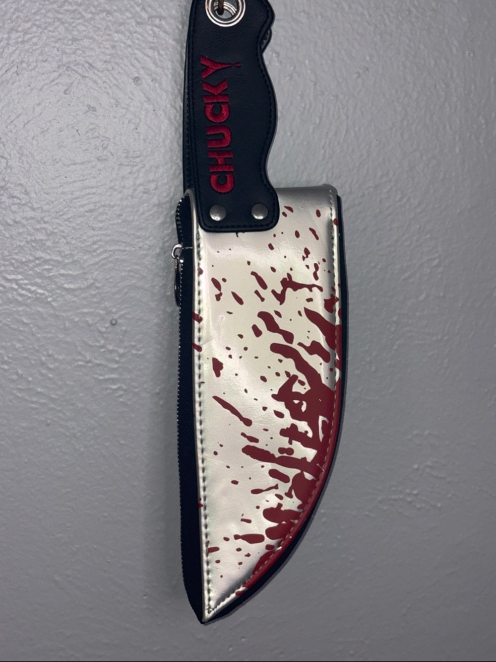 Chucky Knife-Shaped Crossbody Bag — White with Red Splatter
